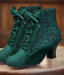 cheap -Women's Boots Plus Size Heel Boots Party Outdoor Valentine's Day Booties Ankle Boots Lace Kitten Heel Round Toe Elegant Vintage Fashion Lace Lace-up Black Red Green