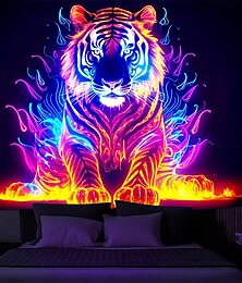 abordables -Tapisserie à lumière noire tigre de feu, réactive aux UV, lueur dans le noir, animal trippy brumeux, tapisserie murale suspendue pour salon et chambre à coucher