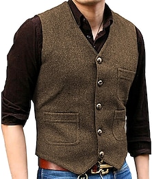 cheap -Men's Vest Waistcoat Daily Wear Vacation Going out Fashion Basic Spring &  Fall Button Polyester Comfortable Plain Single Breasted V Neck Regular Fit Black Red Dark Navy Ocean Blue Vest