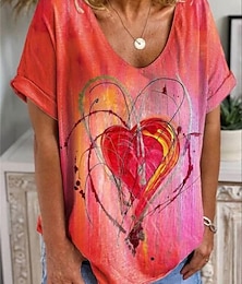 preiswerte -Damen T Shirt Herz Bedruckt Valentinstag Wochenende Modisch Langarm V Ausschnitt Rote Frühling & Herbst