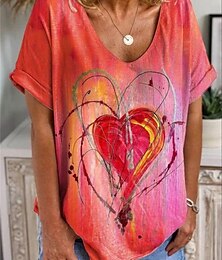 economico -Maglietta a cuore per donne di San Valentino carina T-shirt rossa stampa moda weekend manica corta collo a V rosso estate primavera e autunno