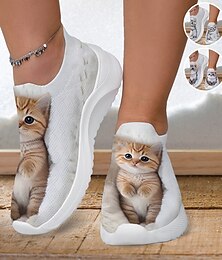 preiswerte -Damen Turnschuhe Slip-Ons Schuhe bedrucken Flyknit Schuhe Komfort Schuhe Outdoor Täglich Katze 3D Flacher Absatz Modisch Brautkleider schlicht Fliegendes Weben Weiß Gelb Rosa