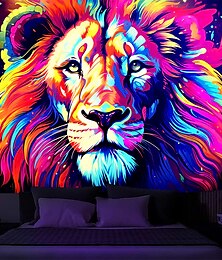 abordables -Lion Blacklight Tapisserie UV réactive lueur dans le noir trippy animal nature paysage suspendu tapisserie murale art mural pour salon chambre