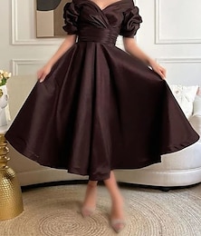 preiswerte -A-Linie Cocktailkleider Elegant Kleid Formal Abiball Tee-Länge Kurzarm Schatz Ausschnitt Satin mit Gerafft 2024