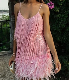 Χαμηλού Κόστους -Γυναικεία Φόρεμα με παγιέτες Φόρεμα με κρόσσια Φόρεμα για πάρτυ Πούλιες Φούντα Αμάνικο Μίνι φόρεμα Διακοπές Παραλία Λευκό Ανθισμένο Ροζ Καλοκαίρι Άνοιξη