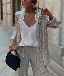 cheap -Women's Blazer Formal Sequin Plain Comfortable Fashion Loose Fit Outerwear Long Sleeve Spring Silver S