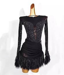 voordelige -dans salsa latin dansjurk kwastje pure kleur splitsen dames prestatietraining mesh stretchgaren met lange mouwen