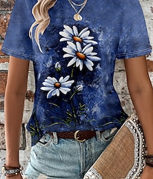 cheap -Women's T shirt Tee Floral Daily Weekend Print Blue Short Sleeve Fashion Round Neck Summer