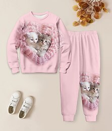 ieftine -Fete 3D Pisica Set de hanorac și pantaloni de trening Roz Manșon Lung printare 3d Primăvară Toamnă Activ Modă Drăguţ Copii 3-12 ani Stil Nautic În aer liber Vacanță Stradă Fit regulat