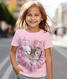billiga -Flickor 3D Katt T-shirt Skjorta Rosa Kortärmad 3D-tryck Sommar Aktiv Mode söt stil Polyester Barn 3-12 år Rund hals Utomhus Ledigt Dagligen Normal