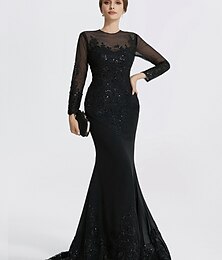 economico -Abito da Sera Sirena Sheath Abito Elegante Formale Lunghezza Piana Manica Lunga Collo Gioiello Pizzo con Applicazioni 2025