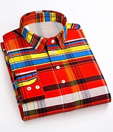 お買い得  -Men's Dress Shirt Plaid Shirt Button Down Shirt Collared Shirt Yellow Red Blue Long Sleeve Plaid / Check Turndown Spring &  Fall Wedding Street Clothing Apparel Button-Down