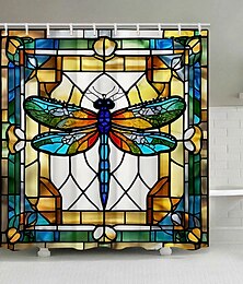abordables -Rideau de douche décoratif en forme de libellule en verre teinté avec crochets, ensemble de rideaux de douche en tissu imperméable avec 12 crochets en plastique
