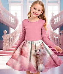 Χαμηλού Κόστους -Κορίτσια » 3D Γάτα Φόρεμα Ροζ Μακρυμάνικο 3D εκτύπωση Άνοιξη Φθινόπωρο Αθλήματα & Ύπαιθρος Καθημερινά Αργίες χαριτωμένο στυλ Καθημερινό Πανεμορφη Παιδιά 3-12 χρόνια