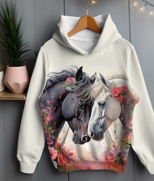 cheap -Girls' 3D Floral Horse Hoodie Pullover Long Sleeve 3D Print Spring Fall Active Fashion Cute Polyester Kids 3-12 Years Hooded Outdoor Casual Daily Regular Fit