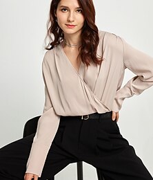 abordables -Chemisier à manches longues pour femmes, haut de travail essentiel décontracté, satin beige, col en v, faux portefeuille