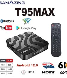 baratos -caixa de tv inteligente t95 max android 12.0 2.4g & 5g wifi6 h618 quadcore arm cortex a53 8k bluetooth 5.0 2g/4g 16g 32gb 64gb set-top box suporte google media player youtube suporte ip tv