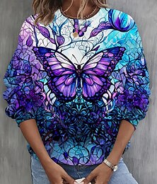 abordables -Sudadera para mujer, jersey con gráfico de animales, mariposa, informal, deportiva, divertida, cuello redondo, manga larga, microelástica, caída&amp;Tejido suave, transpirable y cómodo para el