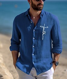 abordables -55% lino Estampado Hombre Camisa Camisa de lino Blanco Azul Piscina Manga Larga Fe Diseño Primavera & Otoño Exterior Vacaciones Ropa