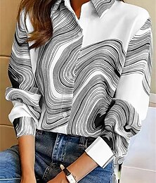 economico -Camicia da donna moda Stampa Bottoni Maniche Lunghe Top Regolari Collo Casual Nero Bianco Primavera e Autunno