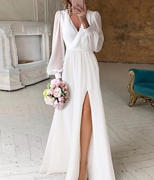cheap -Reception Little White Dresses Simple Wedding Dresses A-Line V Neck Long Sleeve Floor Length Chiffon Bridal Gowns With Ruched