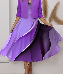 cheap -Women's Two Piece Dress Set Casual Dress Chiffon Dress Swing Dress Outdoor Holiday Fashion Streetwear Print Midi Dress V Neck Half Sleeve Ombre Regular Fit Purple Spring S M L XL XXL
