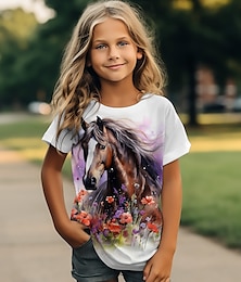 billige -Pige 3D Hest T-shirt Skjorte Kortærmet 3D-udskrivning Sommer Aktiv Mode Sød Stil Polyester Børn 3-12 år Rund hals udendørs Afslappet Daglig Regulær