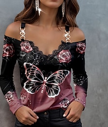 cheap -Women's Shirt Blouse Butterfly Casual Print Lace Trims Cold Shoulder Pink Long Sleeve Fashion V Neck Spring &  Fall