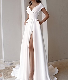 baratos -Mulheres Vestido branco Vestido de formatura Vestido de festa Frufru Fenda Decote V Manga Curta Elegante Preto Branco Verão Primavera