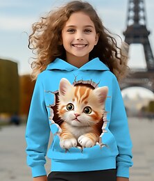 Недорогие -Пуловер с капюшоном и 3d котом для девочек, розовый, с длинными рукавами, с 3d принтом, весна-осень, активный, модный, милый, из полиэстера, для детей 3-12 лет, с капюшоном, на открытом воздухе, на