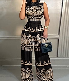 abordables -Femme Normal Combinaison Vêtement de rue Floral Sans Manches Col Ras du Cou Taille haute Imprimer Plein Air du quotidien Standard Noir Jaune Rose Claire Eté