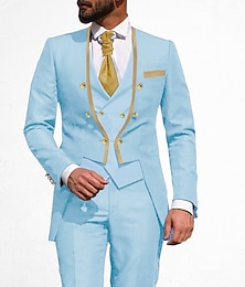 economico -Uomo Matrimonio Feste Abiti Blu chiaro Nero Tinta unita Taglio sartoriale Set 3 pezzi Doppiopetto a 6 bottoni