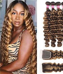 cheap -10A Bundles with Closure Ombre Loose Deep Curly Human Hair Bundles with Closure 4/27 Loose Deep 3 Bundles and Closure(16 18 2016) 100% Unprocessed Real Virgin Hair with Closure Free Part