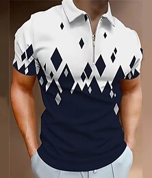 cheap -Geometry Men's Business 3D Print Zip Polo Outdoor Daily Wear Streetwear Polyester Short Sleeve Turndown Zip Polo Shirts Black Dark Navy Spring & Summer S M L Micro-elastic Lapel Polo