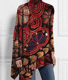 economico -Maglietta da donna Moda Floreale Stampa Orlo Asimmetrico Maniche Lunghe Long Tops Collo Alto Casual Vacanza Rossa Blu Verde Primavera  Autunno