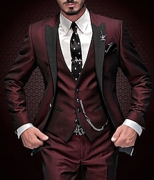 お買い得  -バーガンディ グレー メンズ プロム スーツ ウェディング パーティー スーツ 無地 3 ピース デイリー ビジネス プラスサイズ シングルブレスト 2 ボタン 2024