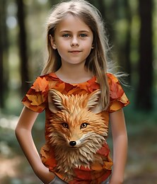 halpa -Tyttöjen 3D Kettu T-paita Paita Lyhythihainen 3D-tulostus Kesä Aktiivinen Muoti söpö tyyli Polyesteri Lapset 3-12 vuotta Tiukka pyöreä kaula-aukko ulko- Kausaliteetti Päivittäin Normaali