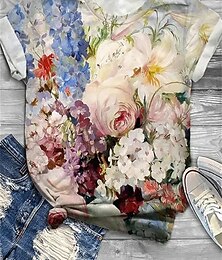 abordables -Camiseta de mujer de moda con estampado floral, manga corta, cuello redondo, para vacaciones, fin de semana, amarillo, rosa, azul, morado, verde, primavera&amp; verano