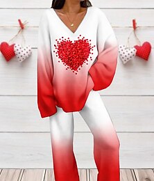 billiga -Valentin Kvinnors Loungewear Set 2 Delar Hjärta Mode Komfort Mjuk Hem Daglig Spandex Andningsbar V-Dra Lång Ärmar T shirt Tee Byxor Sommar Vår Hem Kläder