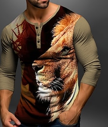 preiswerte -Graphic Tier Löwe Modisch Täglich Brautkleider schlicht Herren 3D-Druck Henley Shirt Casual Festtage Ausgehen T-Shirt Rot Braun Khaki Langarm Henley Hemd Frühling & Herbst Bekleidung S M L XL XXL 3XL