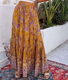 levne -dámská sukně a line švih Čechy maxi sukně s vysokým pasem potisk květinový barevný blok dovolená dovolená léto ležérní boho žlutá