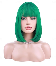 baratos -peruca verde para mulheres peruca bob verde curta reta peruca verde esmeralda com franja sintética resistente ao calor halloween cosplay peruca cosutme perucas do dia de são patrício