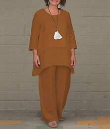 economico -Set da donna in cotone e lino, due pezzi, tinta unita, alla moda, girocollo, da strada, per tutti i giorni, due pezzi, bianco, blu, kaki, grigio, primavera e autunno.