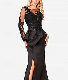 preiswerte -Meerjungfrau Abendkleid Elegantes Kleid Formal Abschlussball Bodenlang Lange Ärmel Juwelen-Ausschnitt Satin mit Schlitz-Applikationen Maskeradenkleid 2025