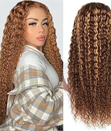 cheap -Honey Blonde Ombre Lace Front Wig Human Hair4x4 Highlight Deep Wave Lace Front Closure Wigs Human Hair Colored P4 27 Deep Wave Closure Wig Human Hair Pre Plucked (4/27 Deep Wave Wig