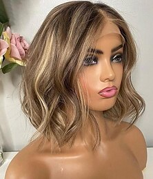cheap -14 Inch Ombre Body Wave Bob Lace Front Wig Human Hair 13X4 Highlight Lace Front Short Body Wave Wig Human Hair 4/27 Ombre Brown Colored Human Hair Wigs 200 Density Wigs Human Hair with Baby Hair