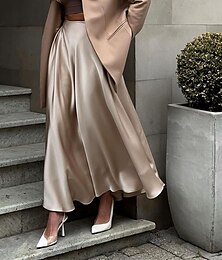 abordables -Femme Jupe Balançoire Jupe longue Elégant Mode Maxi Taille haute Jupes Couleur Pleine Plein Air du quotidien Noir Blanche Kaki Eté Satin