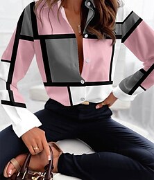 economico -Camicia Donna Moda Flanella Stampa Bottoni Maniche Lunghe Top Regolari Collo Camicia Casual Rosa Viola Primavera  Autunno
