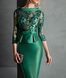 Χαμηλού Κόστους -θηκάρι κοκτέιλ φορέματα φλοράλ φόρεμα κόκκινο πράσινο φόρεμα αρραβώνων μήκος γόνατο μήκους 3/4 μανίκι κόσμημα λαιμόκοψη γάμου guest σατέν με κουμπιά απλικέ 2024