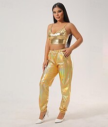 cheap -Set with Shiny Metallic Camisole Cargo Pants 2 PCS 1980s Hip Pop Outfits Abba Costume Women's Cosplay Costume Carnival Club Party